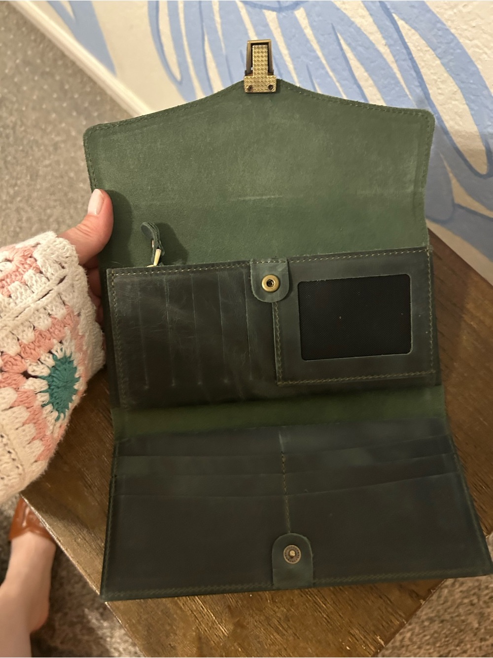 Vintage Style Green Leather Trifold Long Wallet Envelope - Picture 4 of 7